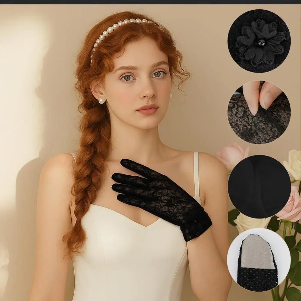 Women's Embroidery Black Short Lace Wrist Gloves Design Party Accessories